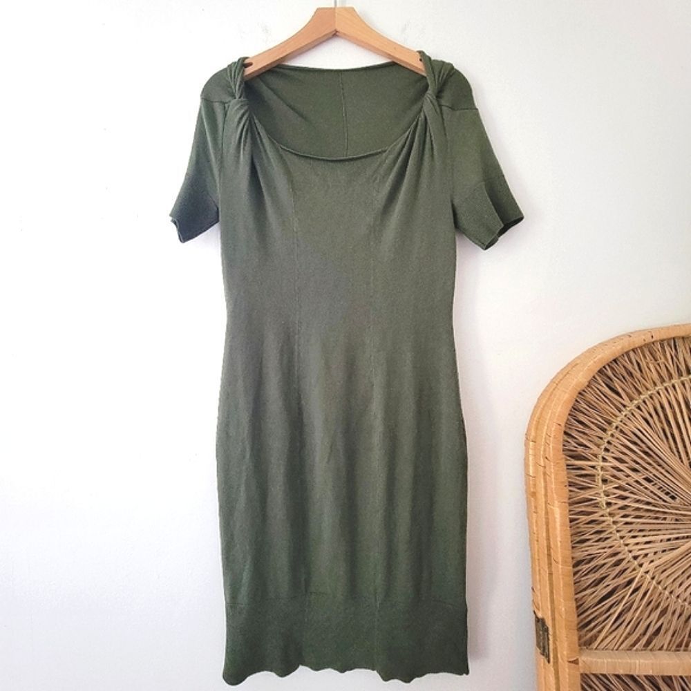 Banana Republic Square Neck Hunter Green Knit Dress Silk Blend M Bodycon
